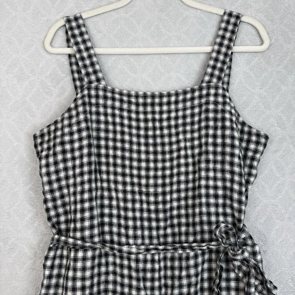 Quince 100% European Linen Square Neck Jumpsuit Large Khaki Black Gingham Preppy